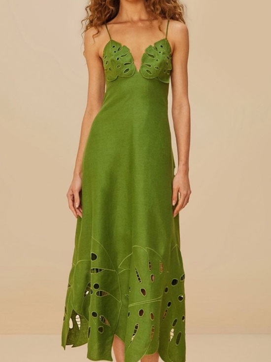 FARM Rio Dresses & Skirts - FARM Rio Green Spaghetti-Strap Midi Dress with Leaf Cutouts